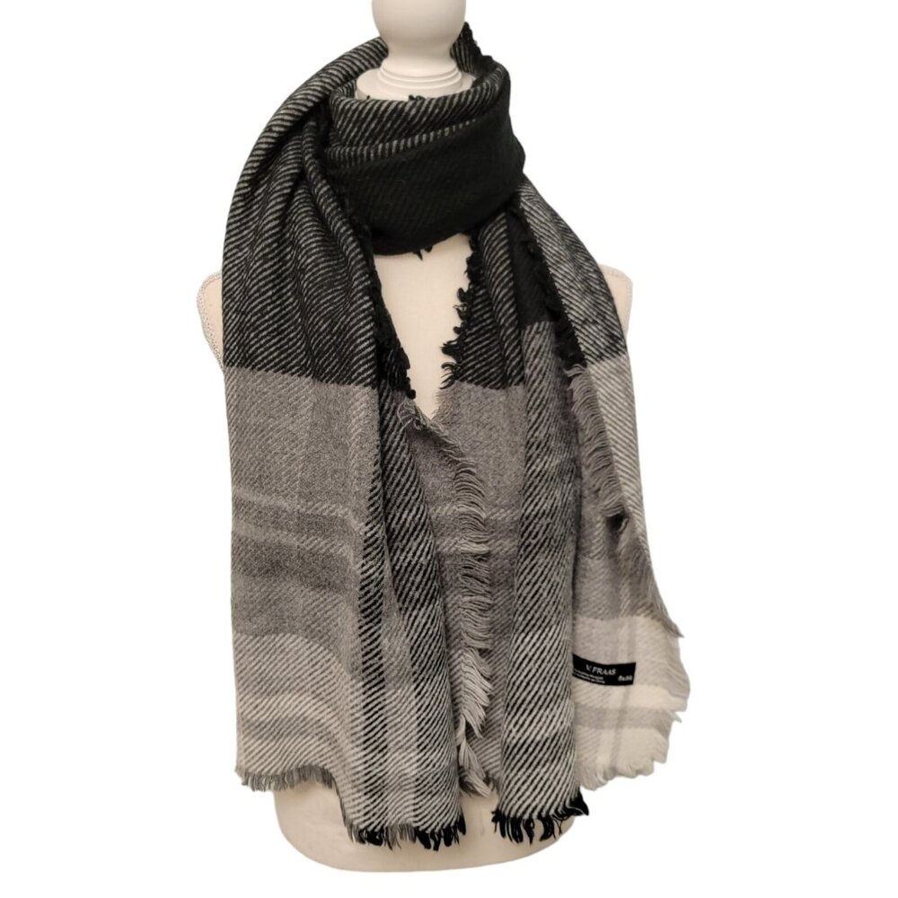 V Fraas Scarf Black Gray Plaid Scarf Wrap 100% Acrylic Soft 68 X 22‎